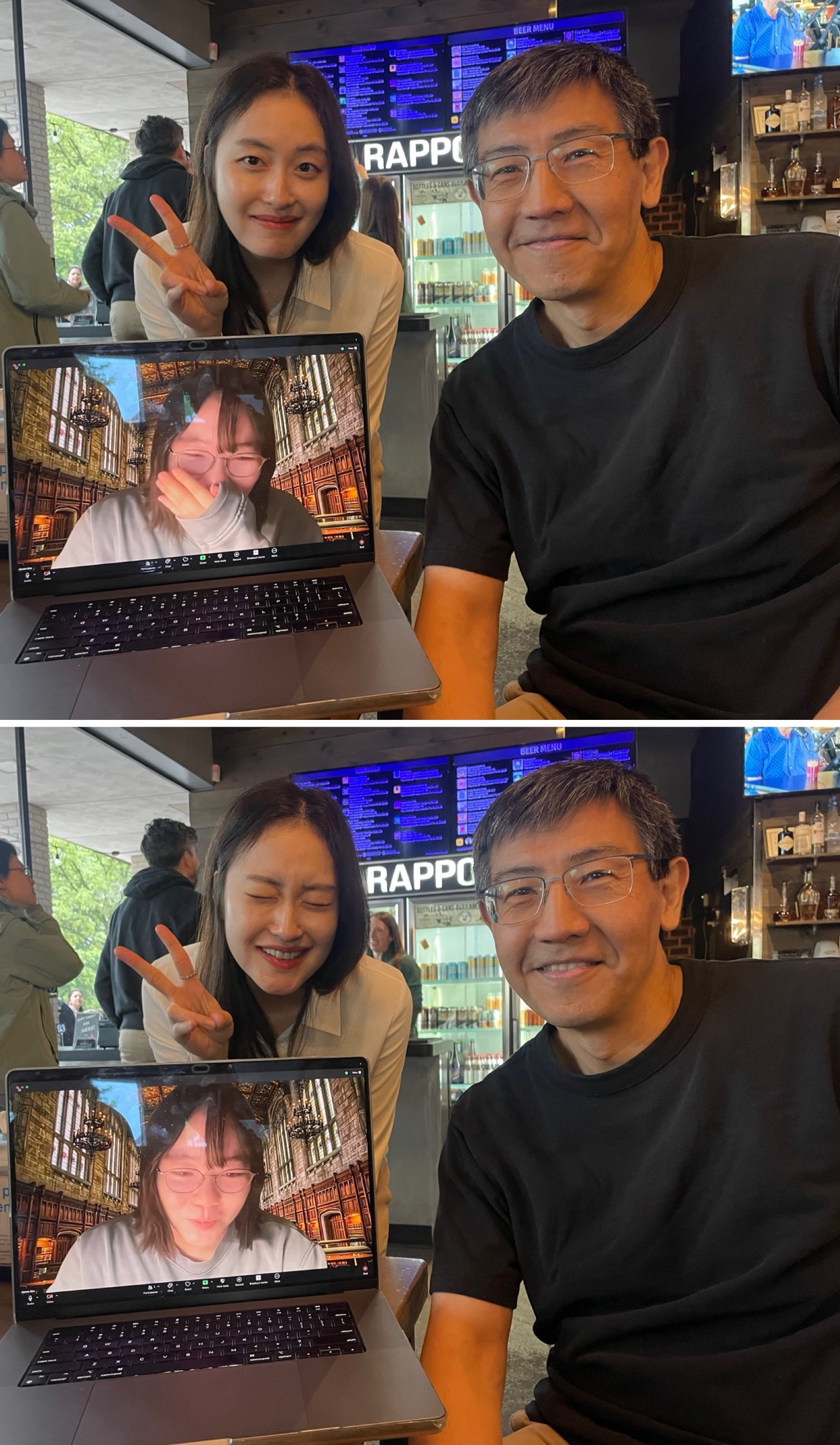 photo of Jane Im, Jiyoon Kim, and Kentaro Toyama at a celebration after Jane's dissertation defense
