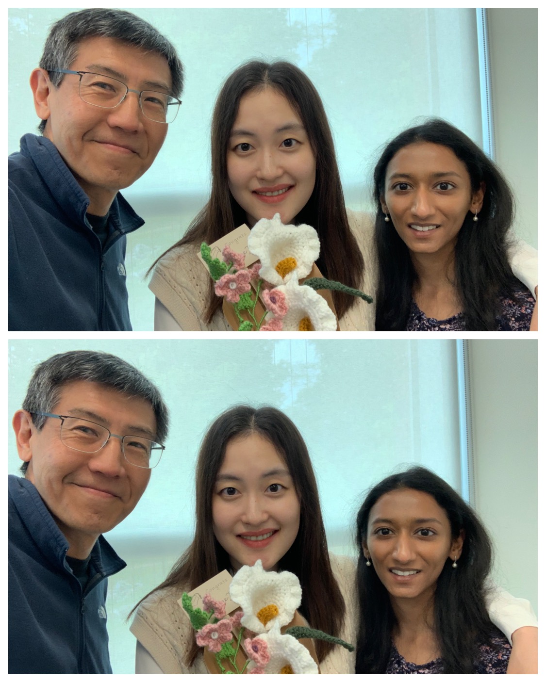 photo of Jane Im, Shwetha Rajaram, and Kentaro Toyama at Jane's dissertation defense
